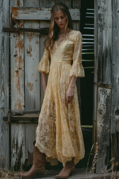 A woman wears brown cowboy boots and a long yellow lace dress