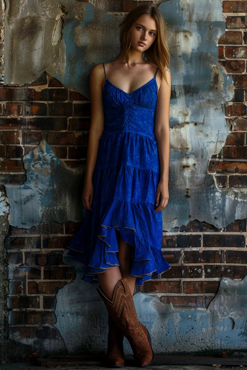 A woman wears brown cowboy boots and a navy blue dress standing against the wall