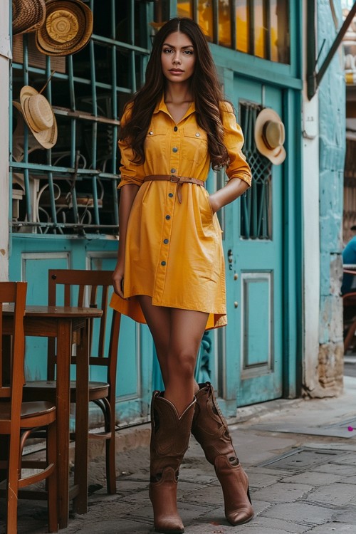 A woman wears brown cowboy boots and a yellow shirt dress