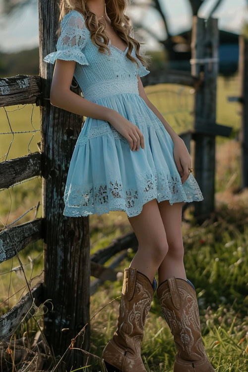 A woman wears brown cowboy boots and an eyelet blue dress