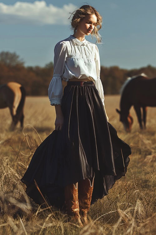A woman wears brown cowboy boots, long black satin skirt and a blouse