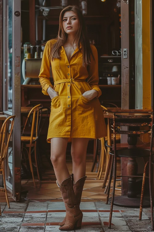 A woman wears brown cowboy boots paired with a yellow shirt dress