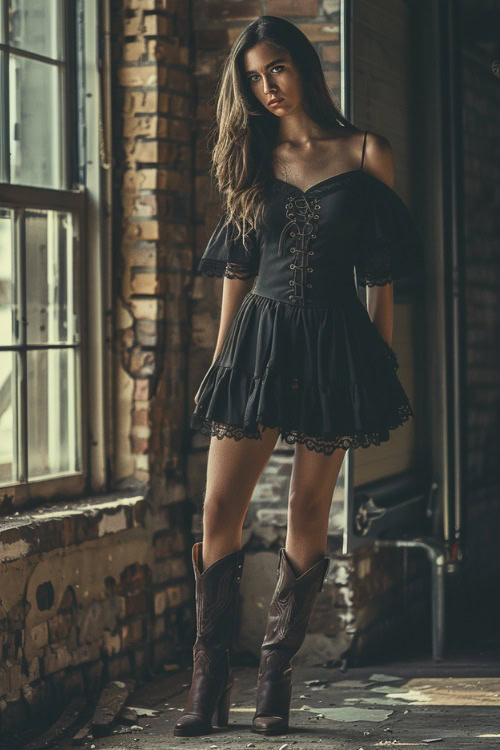 A woman wears brown cowboy boots with a black lace baby doll dress