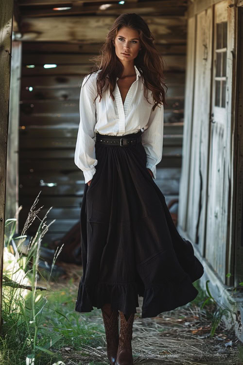 A woman wears brown cowboy boots with a black long skirt and a white shirt