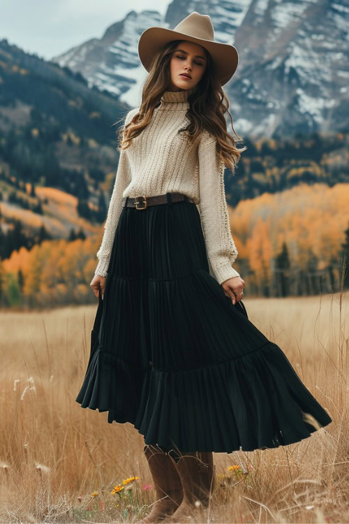A woman wears brown cowboy boots with a long black skirt and a sweater