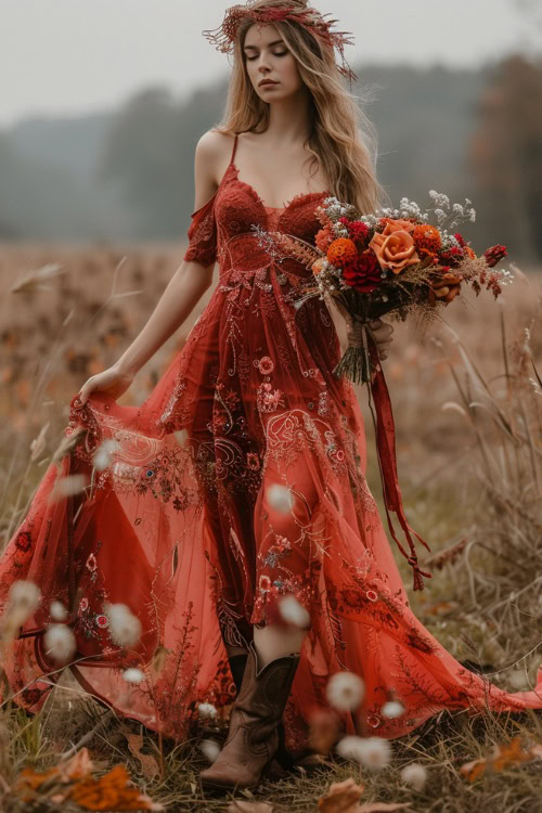 A woman wears brown cowboy boots with a long wedding red dress