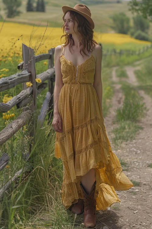A woman wears brown cowboy boots with a long yellow dress