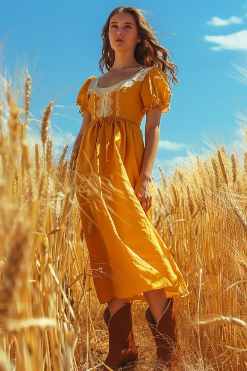 A woman wears brown cowboy boots with a long yellow ruffled dress