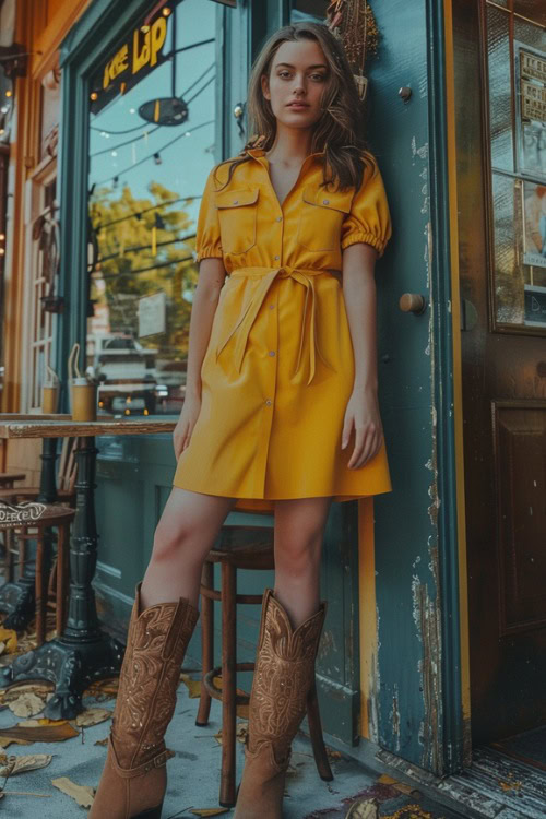 A woman wears brown cowboy boots with a long yellow shirt dress (2)