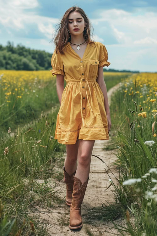A woman wears brown cowboy boots with a long yellow shirt dress