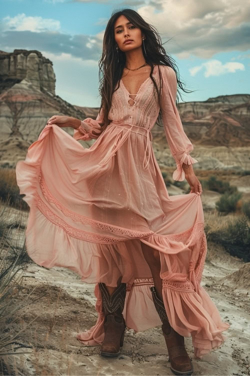 A woman wears brown cowboy boots with a pink flowy dress