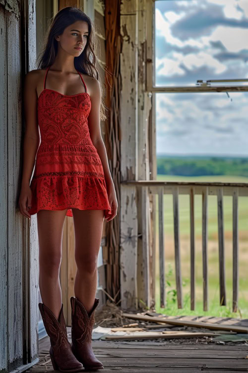 A woman wears brown cowboy boots with a red dress at the country