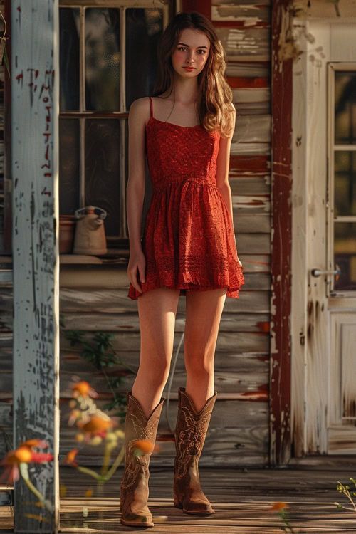 A woman wears brown cowboy boots with a red dress