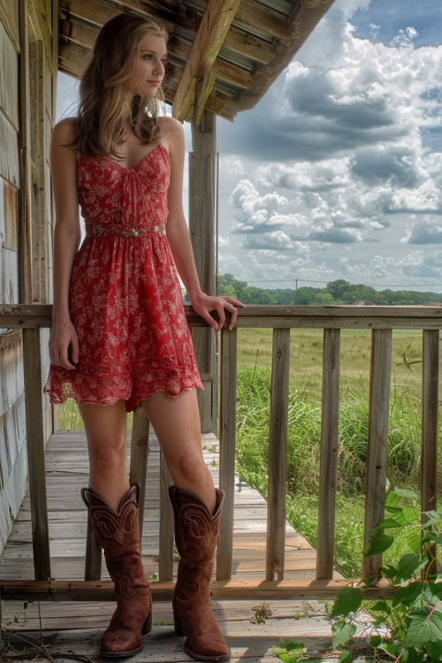 A woman wears brown cowboy boots with a red lace dress
