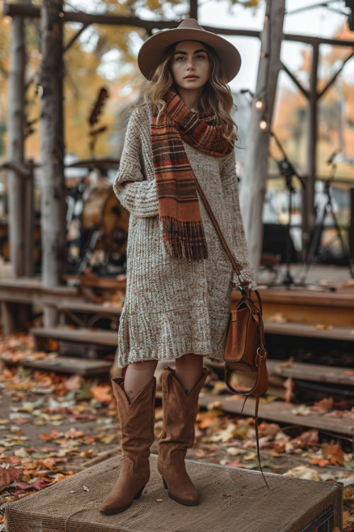A woman wears brown cowboy boots with a sweater dress and a striped plaid