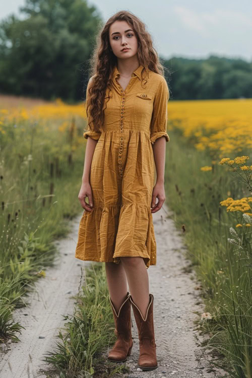 A woman wears brown cowboy boots with a yellow shirt dress