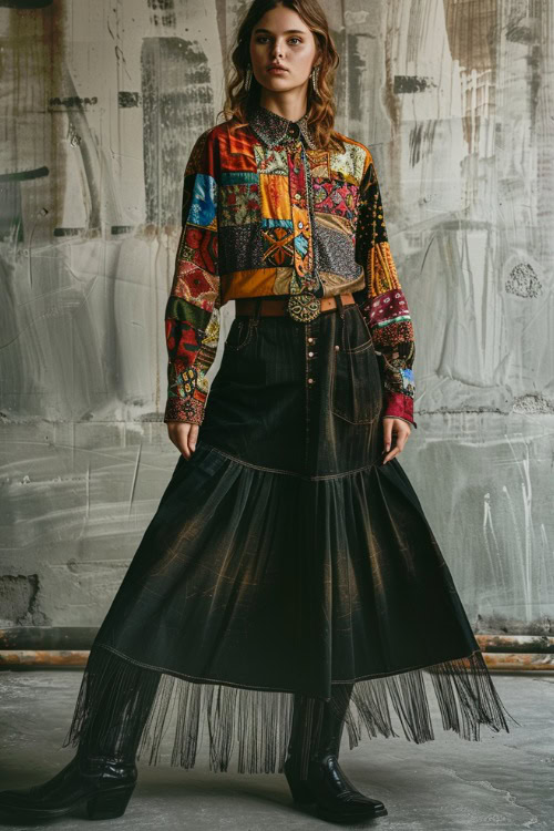 A woman wears cowboy boots, a denim skirt and a textured top