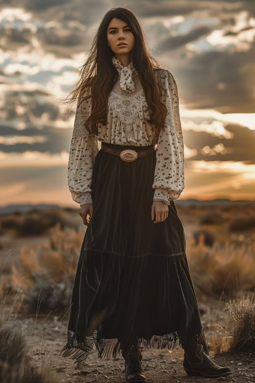 A woman wears cowboy boots with a long black skirt and a white top