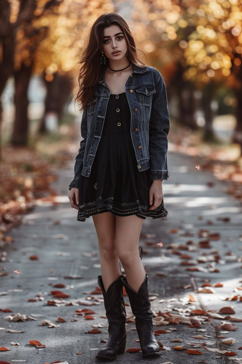 A woman wears cowboy boots with a black dress and a denim jacket in the autumn