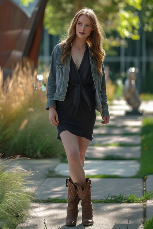 A woman wears cowboy boots with a black dress, brown cowboy boots and a denim jacket