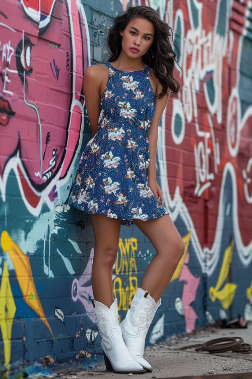 A woman wears cowboy boots with a floral blue dress