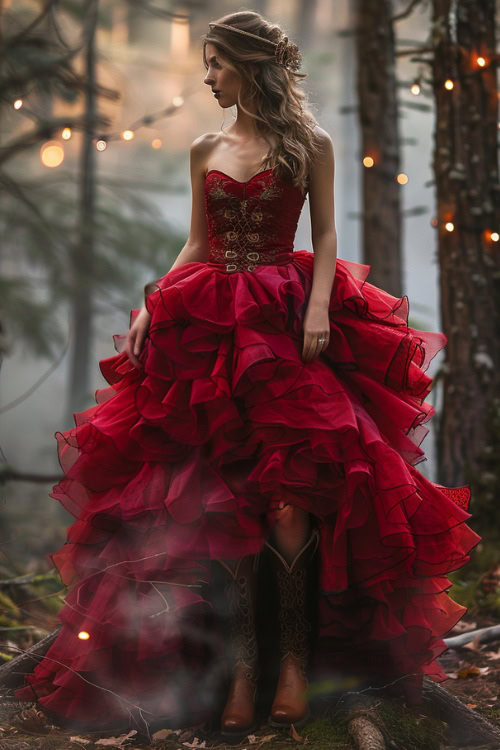 A woman wears cowboy boots with a flowy fancy red dress