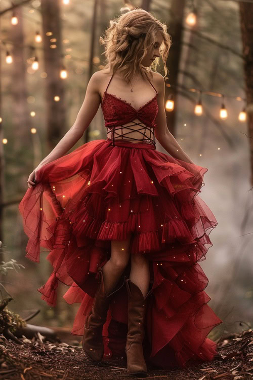 A woman wears cowboy boots with a flowy fancy ruffle red dress