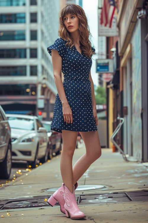 A woman wears cowboy boots with a navy blue dotted dress
