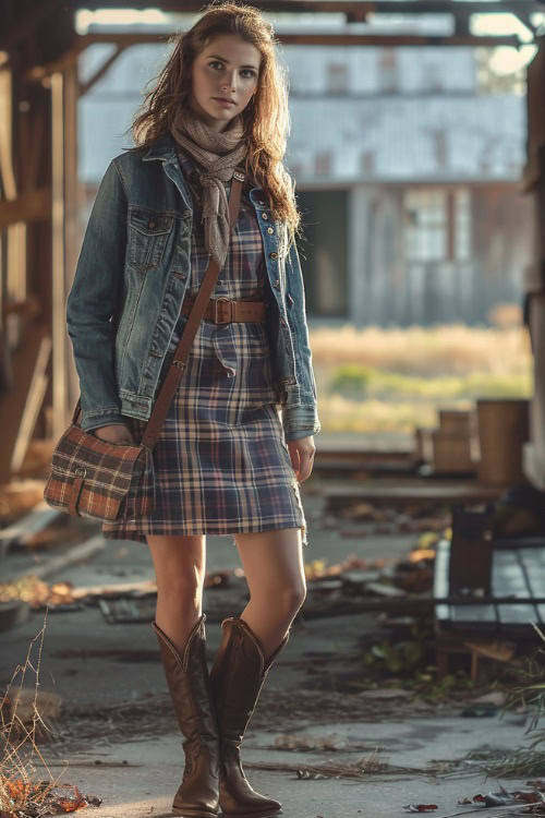 A woman wears cowboy boots with a plaid dress and a denim jacket