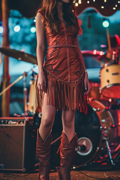 A woman wears cowboy boots with a red fringe leather dress
