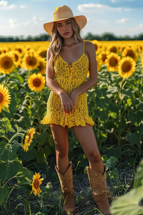 A woman wears cowboy boots with a short yellow lace dress