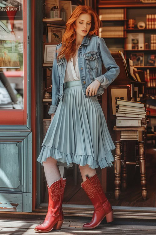 A woman wears cowboy boots with an oversized jacket and skirt