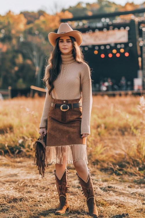A woman wears cowboy boots with fringe suede skirt with a sweater and a cowboy hat