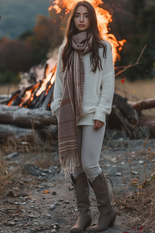 A woman wears cowboy boots with leggings, a long scarf and a sweater