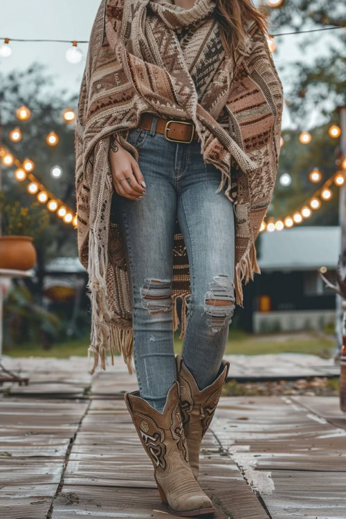 A woman wears cowboy boots with jeans and a large poncho