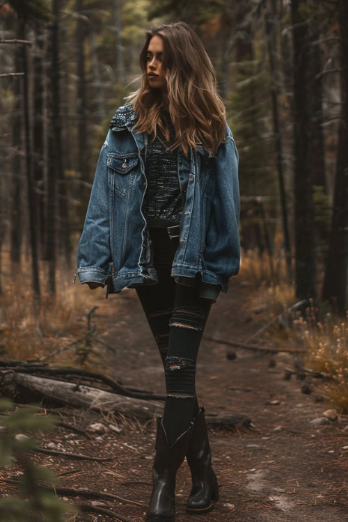 A woman wears cowboy boots with ripped jeans, oversized jacket and a black top