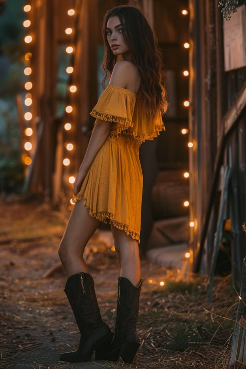 A woman wears dark cowboy boots paired with a short ruffle yellow dress