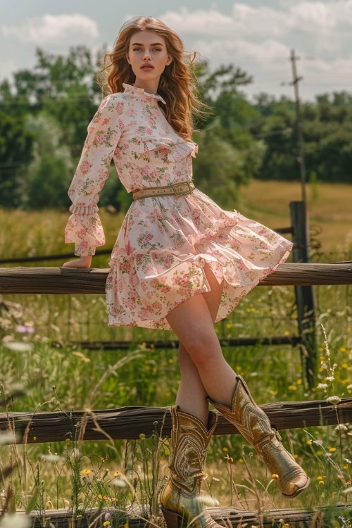 A woman wears gold cowboy boots with a floral pink dress