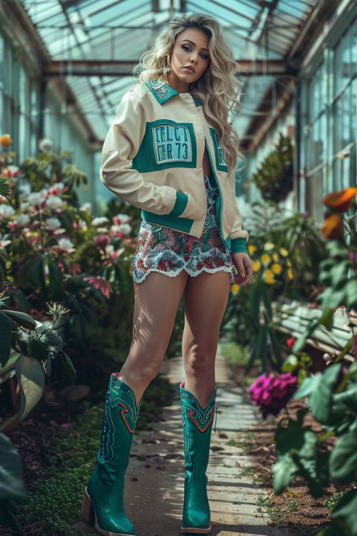 A woman wears green cowboy boots with a white- green letterman jacket