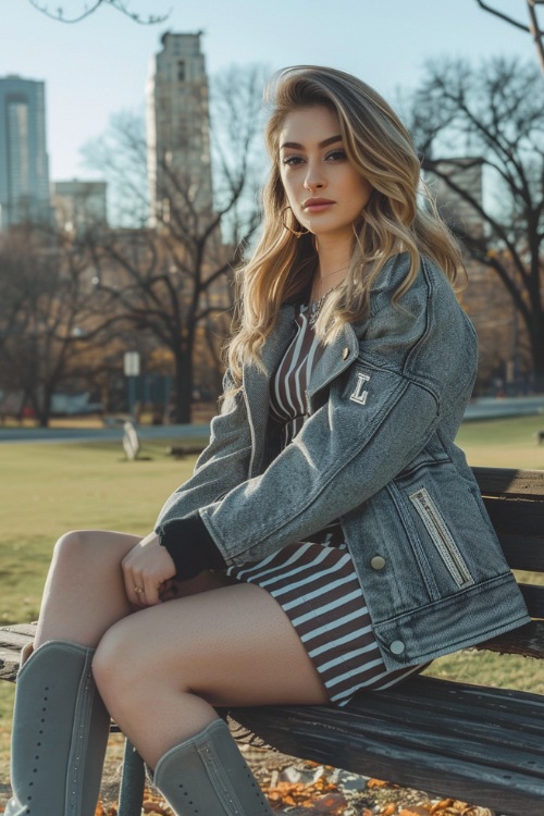A woman wears grey cowboy boots, a striped dress and a grey letterman jacket