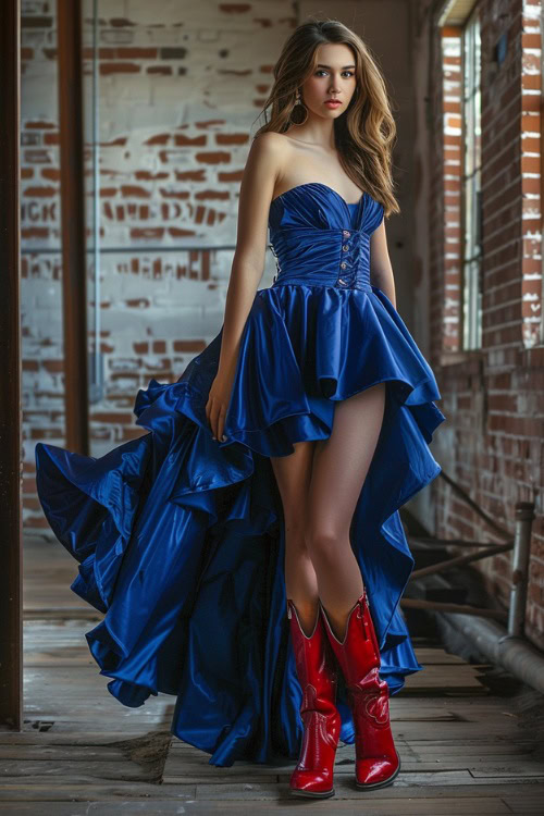 A woman wears r ed cowboy boots with a navy blue prom dress