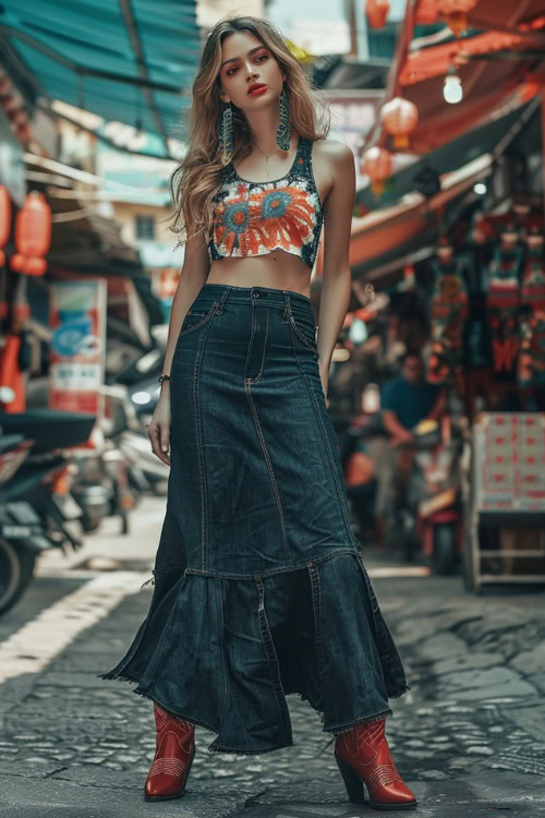 A woman wears red cowboy boots, a long denim skirt and a floral top