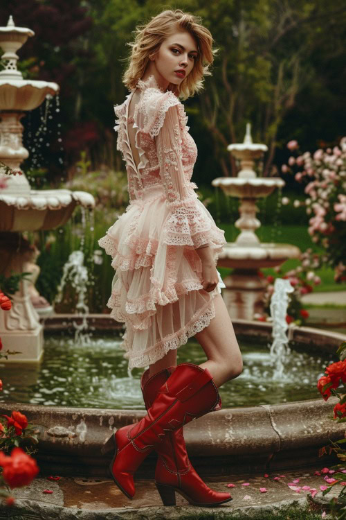 A woman wears red cowboy boots and a ruffle pink dress