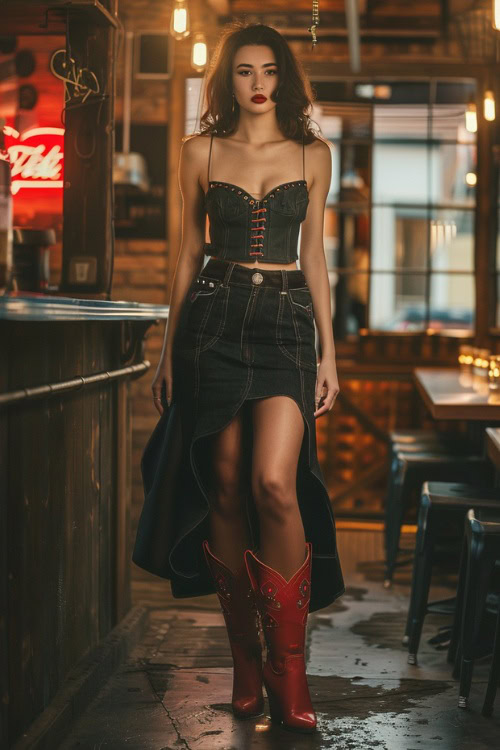 A woman wears red cowboy boots with a black denim skirt