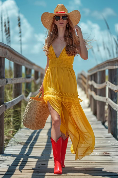A woman wears red cowboy boots with a yellow dress