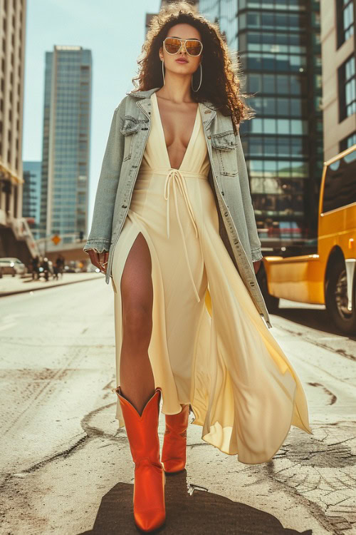 A woman wears red cowboy boots with a yellow flowy dress