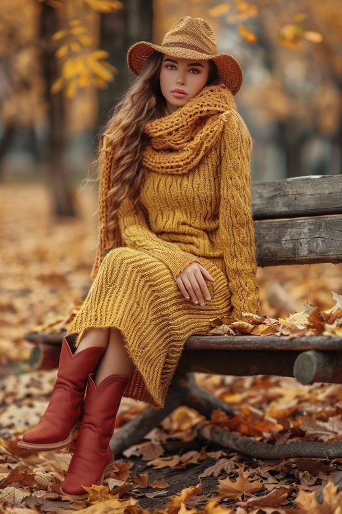 A woman wears red cowboy boots with a yellow sweater dress