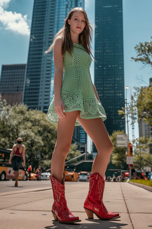 A woman wears red cowboy boots with an eyelet green dress