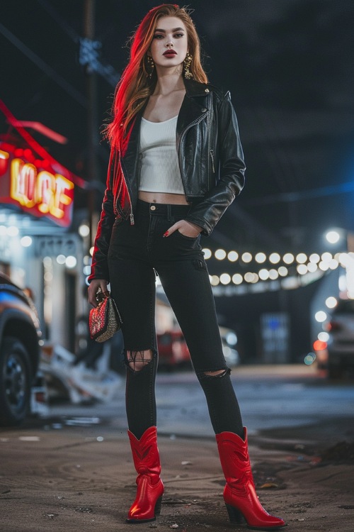 A woman wears red cowboy boots with black ripped jeans, crop top and a leather jacket