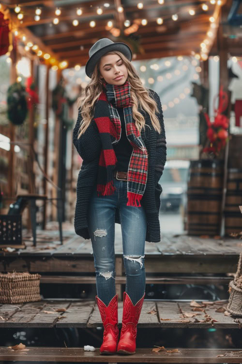 A woman wears red cowboy boots with jeans, coat and a plaid coat